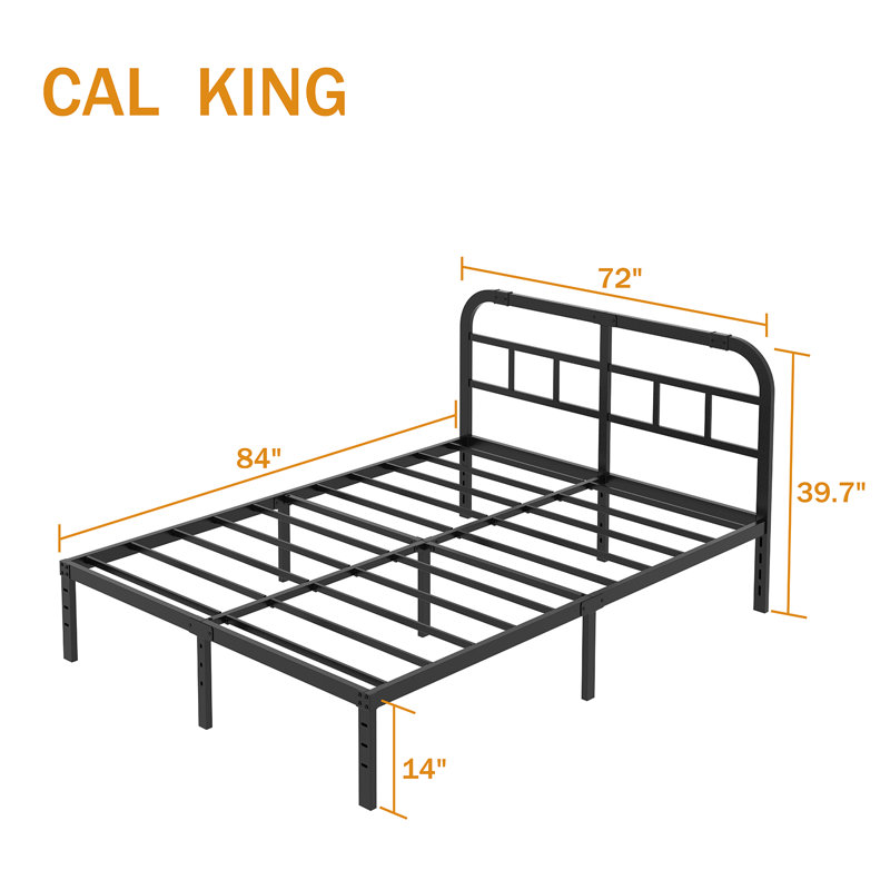 Lit plateforme en métal noir de 14 pouces avec tête de lit moderne Cal King, support en acier robuste, rangement sous le lit, aucun sommier nécessaire