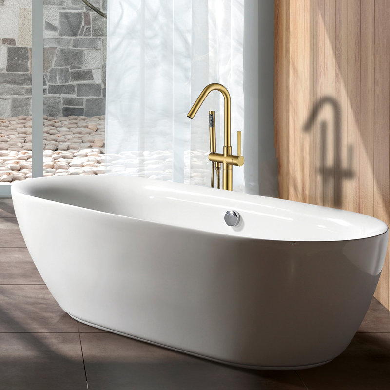 Freestanding Bathtub Faucet With Hand Shower In Gold - Metal Construction, Bathroom Glamour Elegant Finish, For