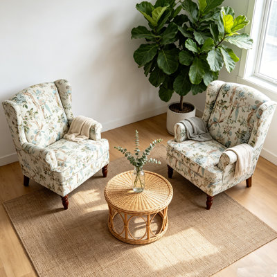 Ensemble de 2 chaises d'appoint florales avec pieds en bois massif, fauteuil rembourré confortable - tissu imprimé respirant, coussin en mousse haute densité, fauteuil à oreilles rétro pour salon, chambre à coucher, bureau à domicile, capacité de 320 lb