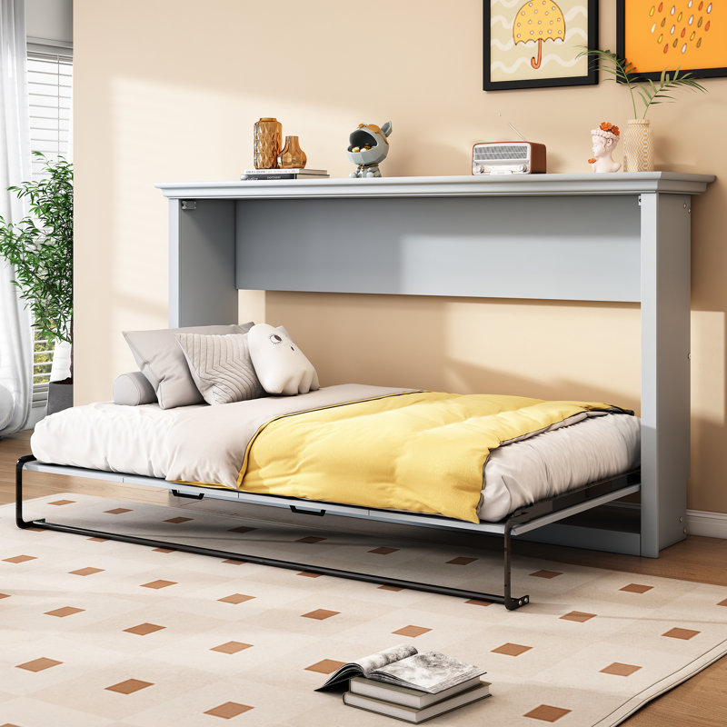 Horizontal Murphy Bed Hideaway Wall Bed, Twin, Rustic White