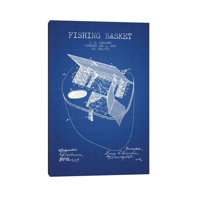 L.E. Gieshen Fishing Basket Patent Sketch (Blue Grid) by Aged Pixel - Wrapped Canvas Print