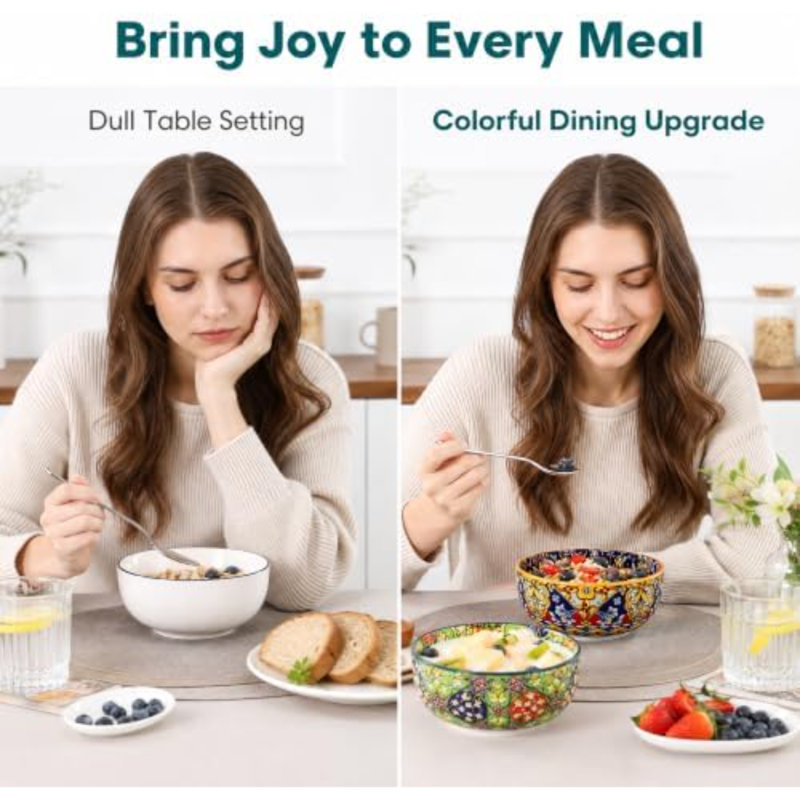 Cereal Bowls Set of 6, Bohemian Ceramic Soup Bowls, 28 oz Colorful Bowls Set for Kitchen, Dishwasher & Microwave Safe for Salad, Pasta, Rice, Oatmeal, Fruit (Pack of 2)