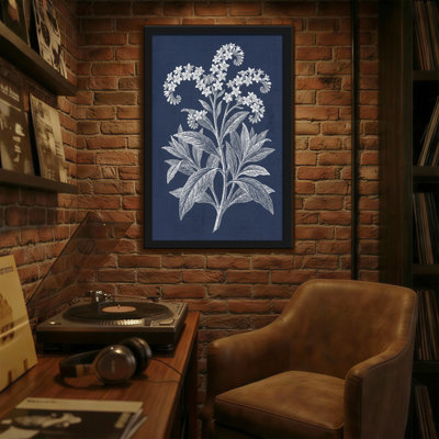 Plantes et fleurs, motif floral botanique sur fond bleu marine