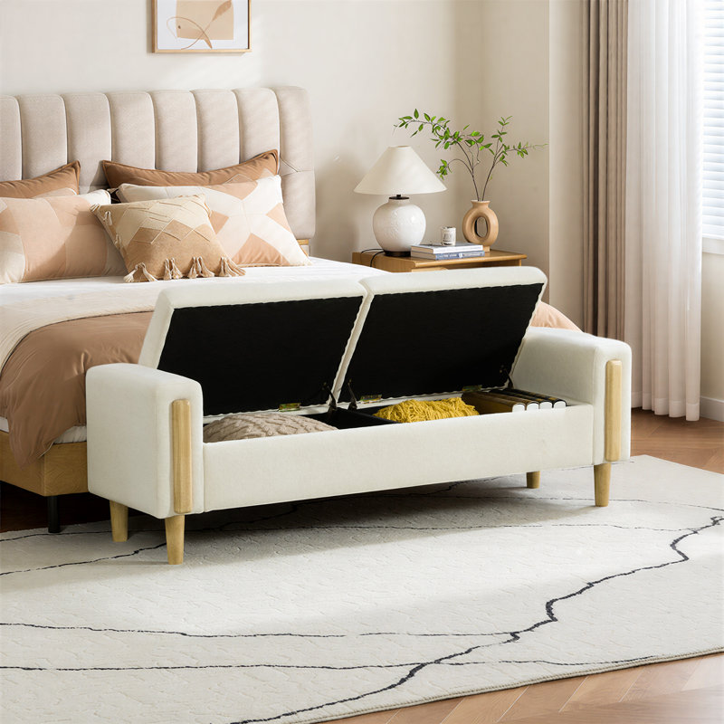 Banc de rangement rembourré l 65,6 po avec double couvercle rabattable et pieds en bois massif, Beige