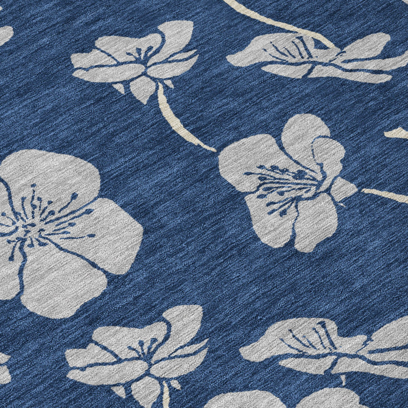 Navy Floral Synthetic Rectangular 5' x 7' Washable Rug