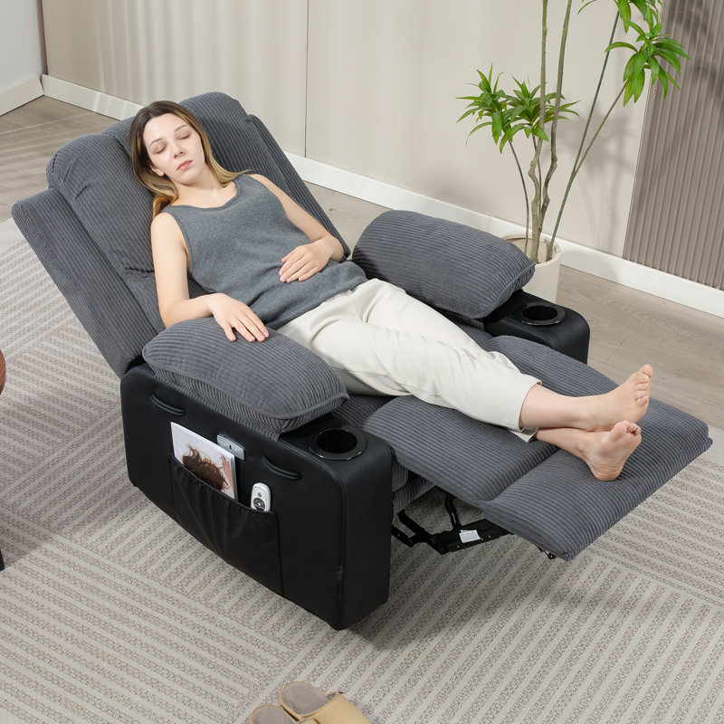 Inbox Zero Upholstered Power Recliner Chair with Heat & Vibration Massage, USB Charging Wall Hugger, Yes, Charcoal Grey