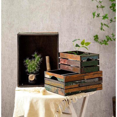 Set of 3 Rustic Distressed Wood Nesting Crates, Farmhouse Decorative Wooden Storage Boxes