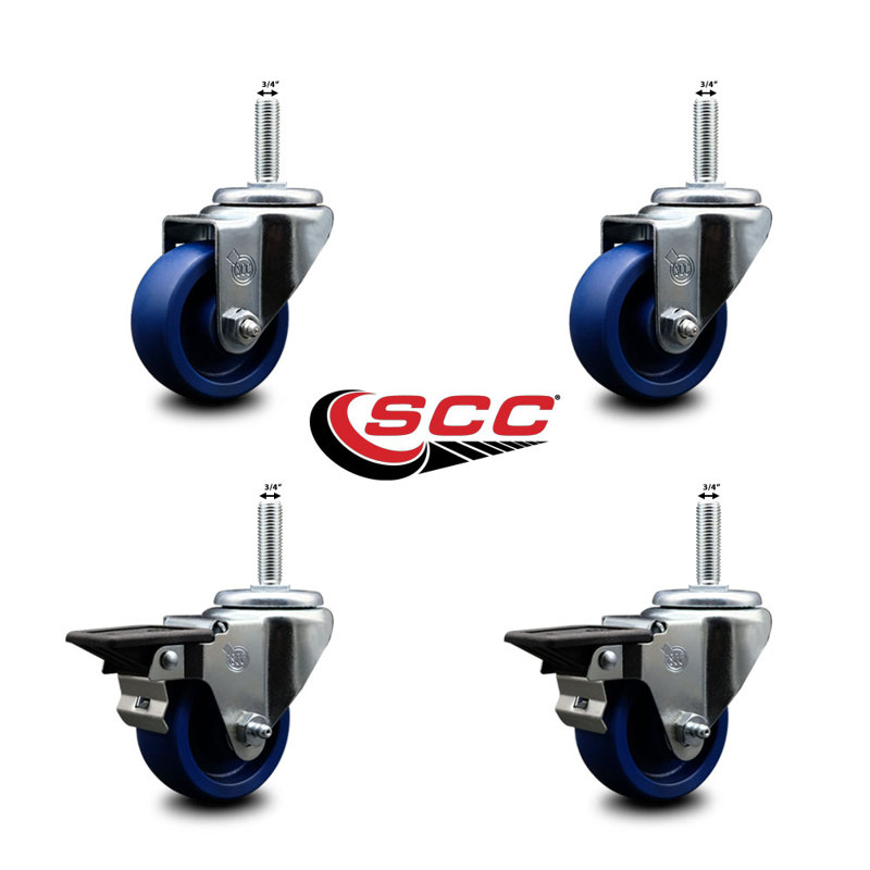3 Inch_Solid Poly Wheel Swivel 3/4 Inch_Threaded Stem Caster Set 2 Brakes