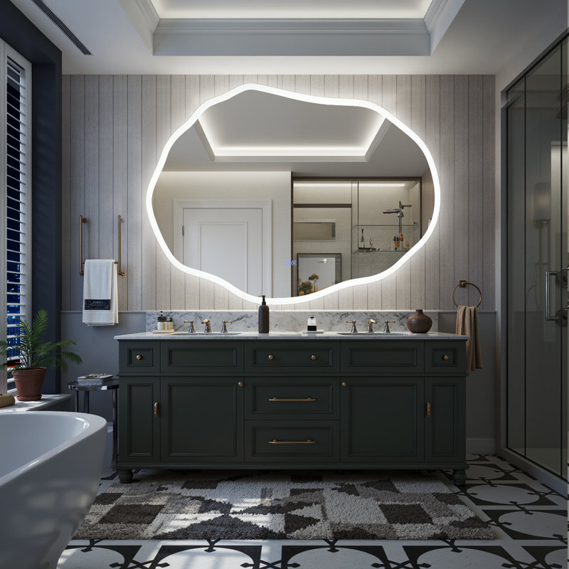 Irregular Shape Frameless Lighted;Bathroom/Vanity Tempered Mirror;Backlit + Front Lit,Dimmable Anti Fog Wall Mounted Mirror