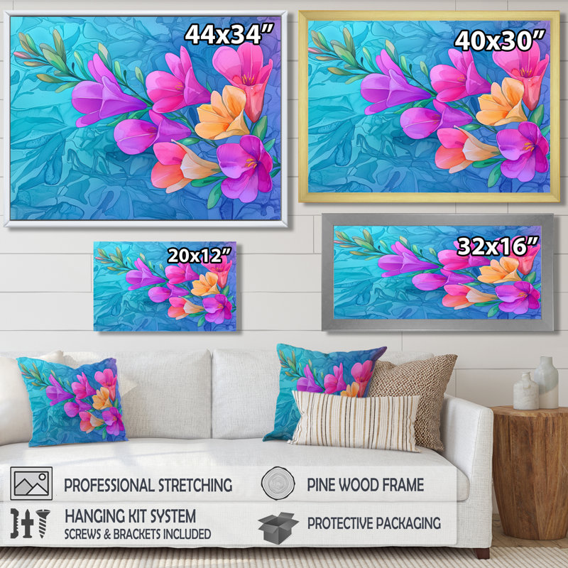 Symphonie lumineuse de fleurs de freesia roses et bleues II - Iris, art mural, 24" H x 32" W, Floater Framed Print, Brown