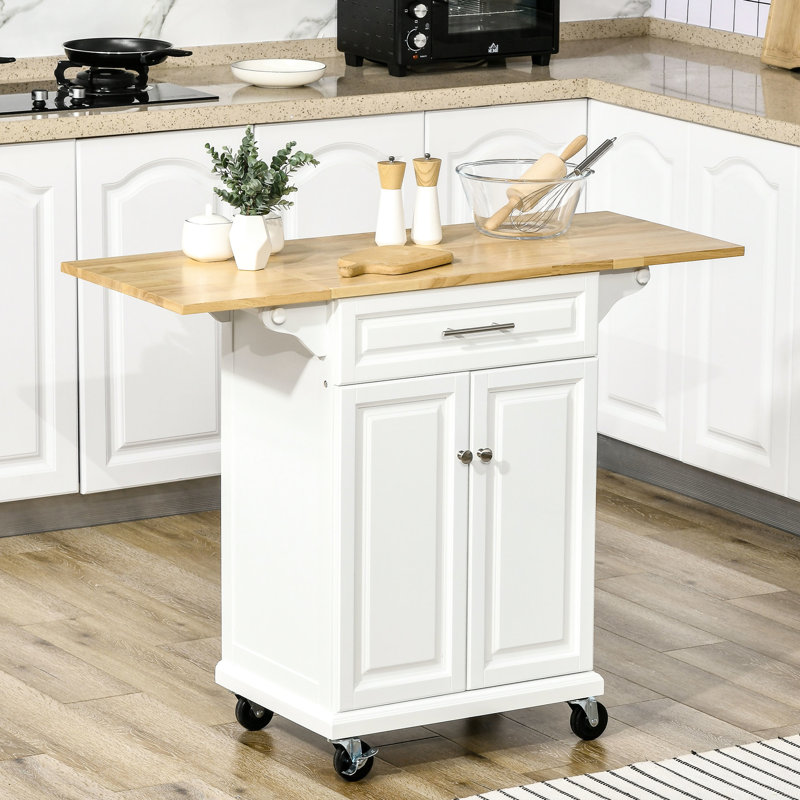 Îlot de cuisine mobile avec panneaux supérieurs pliants, tiroir, armoire, serviette, plateau en bois naturel, abattant blanc, chariot roulant, armoire à tiroirs,