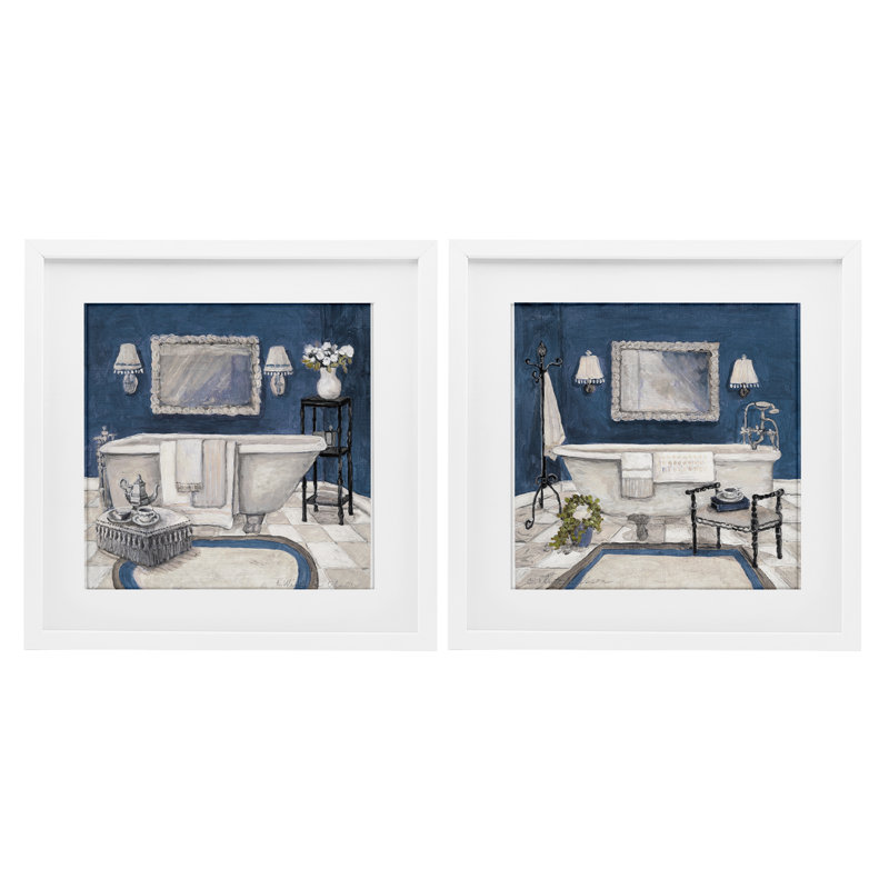 Elegant Blue Bath, ensemble de 2 impressions encadrées sous verre, design par Charlene Olson, H 13 po x l 13 po