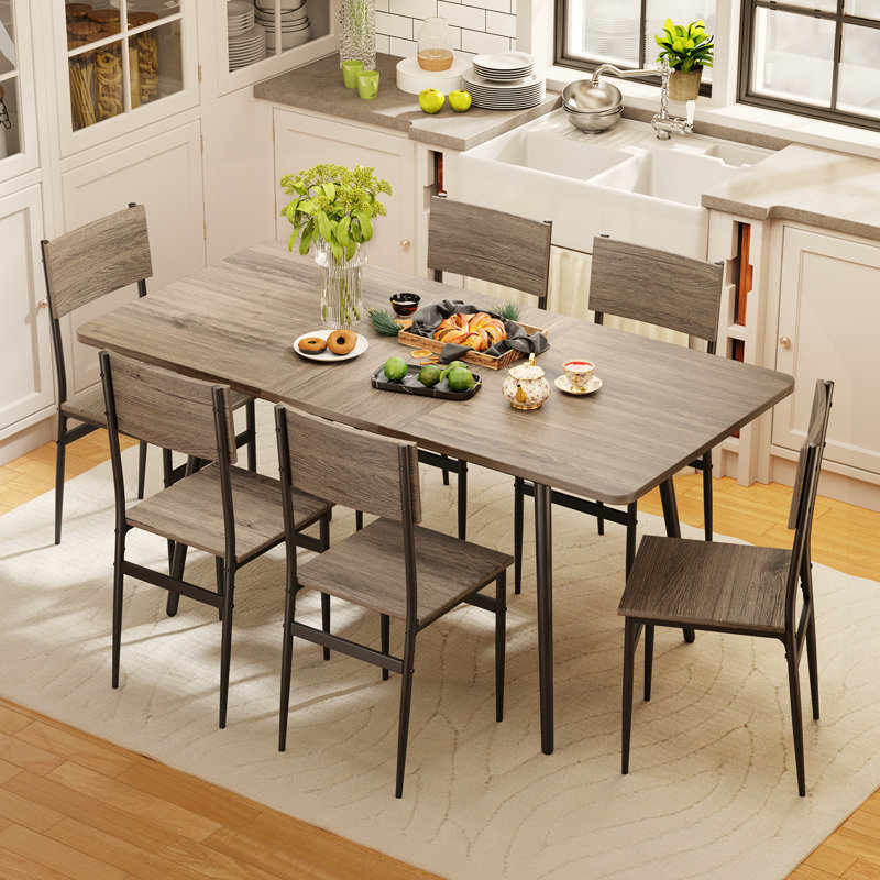 Deyton Modern 7-Piece Rectangular Expandable Dining Set with Wood Chairs, 63'' Table, Gray
