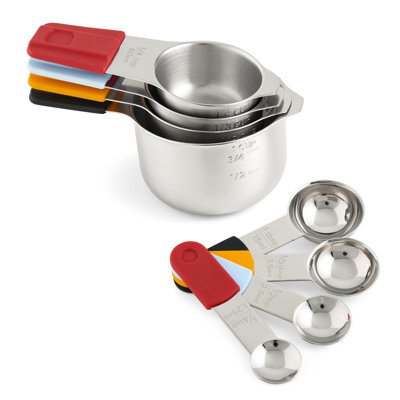 Deiss Lux Stainless Steel Measuring Cups And Spoons Set - Magnetic Measuring Spoons Set, 4 Dry Measuring Cups And 4 Spoons With Color-coded Handles