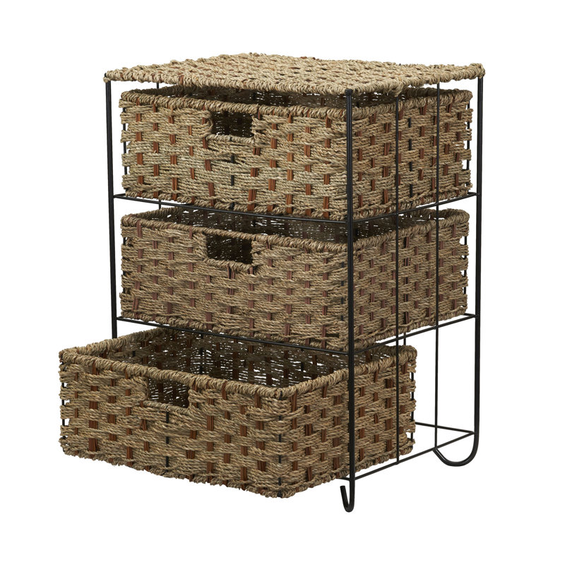 Unité de rangement en osier tissé à la main à 3 tiroirs Cimah, structure en métal robuste avec pieds courbés, durable, compacte, sans assemblage requis, naturel