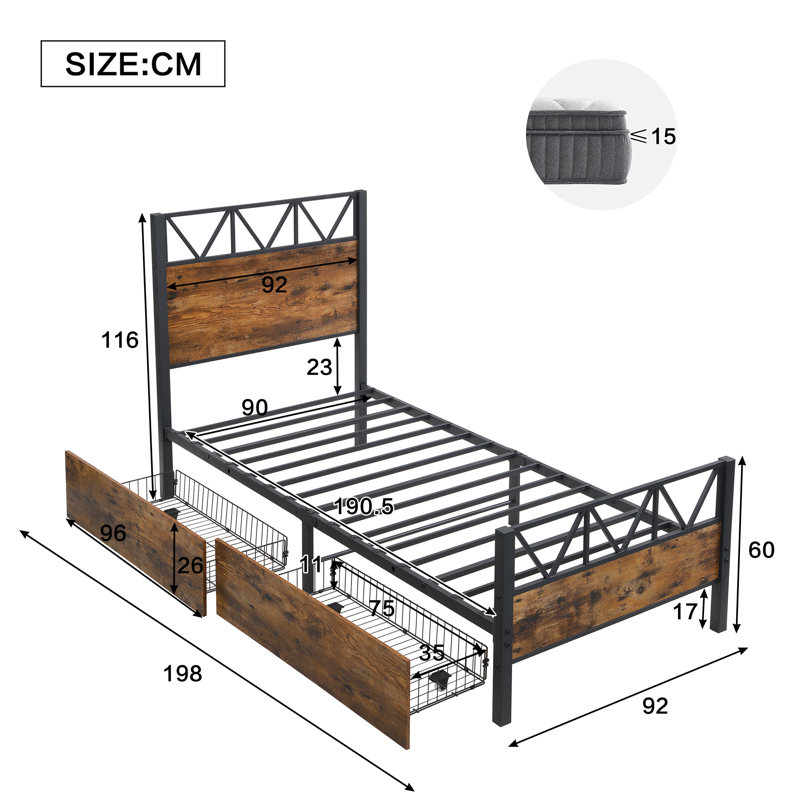 Metal Bed With 2 Drawers Industrial Style, Single (3')