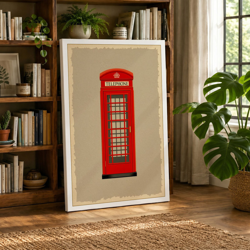 Red Telephone Box Graphic - Wrapped Canvas, 24x16 - 61.0 x 40.6 cm, Taupe Border