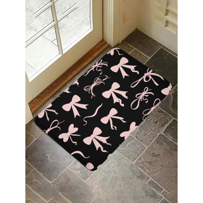 Black Background Pink Bowknot Bath Rug For Bathroom, 36 X 24