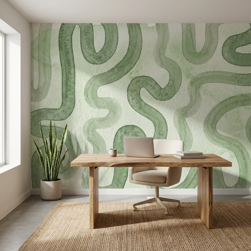 Décoration murale abstraite à motif de papier peint vert, 140" x 108", Peler et coller
