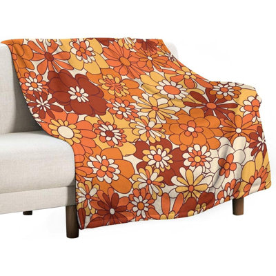 Vintage Boho Flower Throw Blanket,Retro 70s Hippie Orange Daisy Flowers Groovy Botanical Pattern Soft Cozy Warm Flannel Blankets for Sofa Couch Bed Gifts for Lover Adults 30x40 Inch