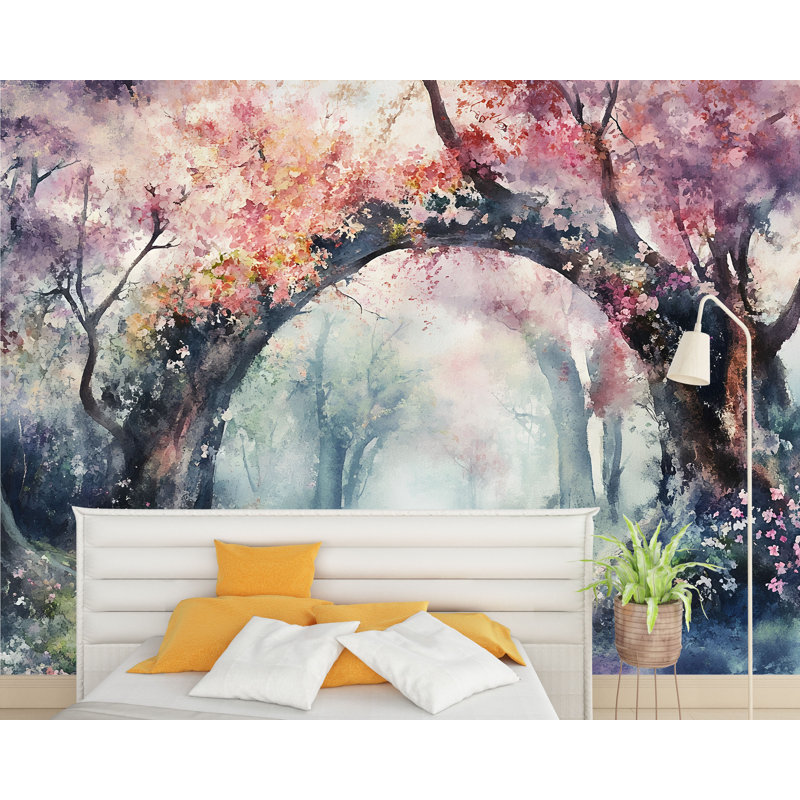 Papier peint forêt de cerisier en fleurs - art mural aquarelle rêveuse pour chambre à coucher ou salon, L 75 po x l 50 po