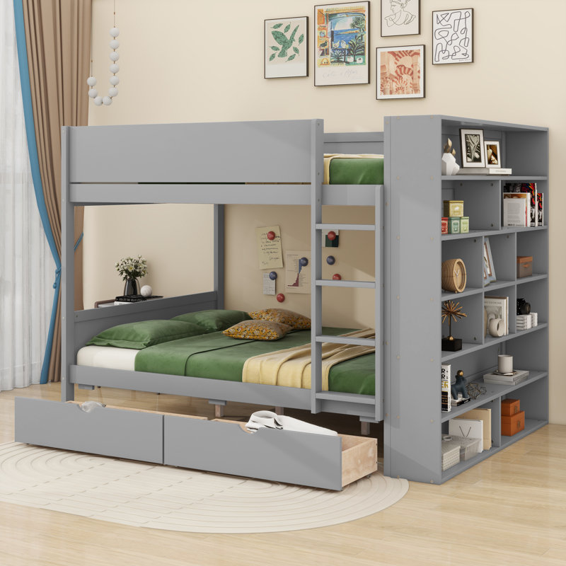 Jasna Full over Full Bunk Bed With 2 Drawers and Multi-layer Cabinet, Gray