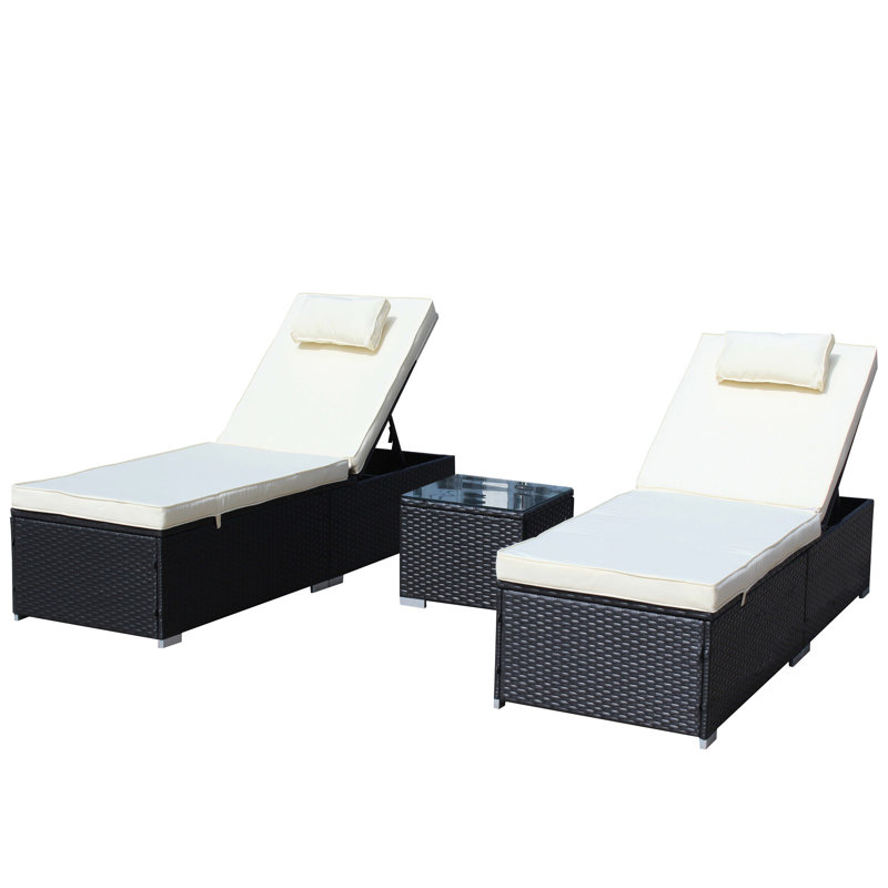 3 meubles de patio: chaises longues, chaises inclinables, coussinées avec éponge, table basse en verre. Dossier et pieds réglables. Pour l'extérieur. Beige Eau. Assemblage requis: