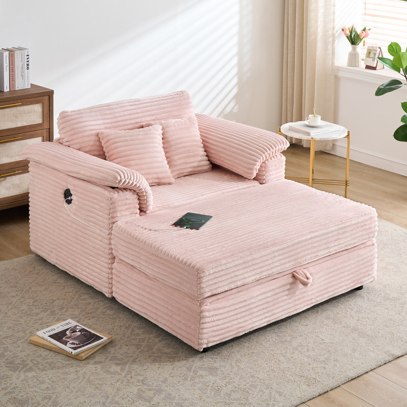 Fauteuil simple 47 po avec accoudoirs en velours côtelé avec rangement et repose-pieds USB, Rose