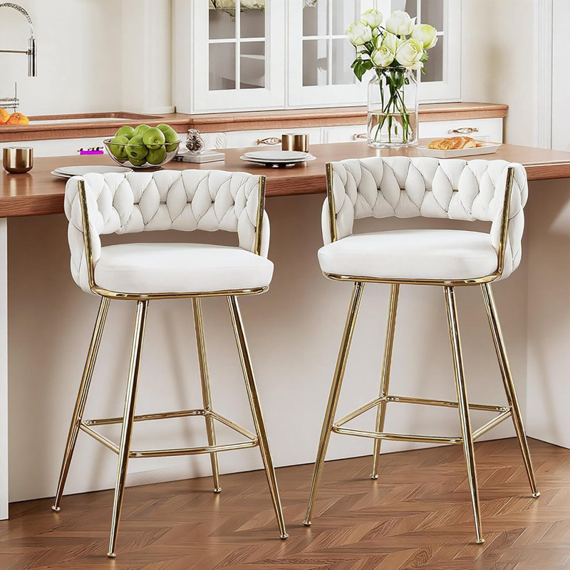 Ensemble de 4 tabourets de bar à hauteur de comptoir avec dossier tissé et repose-pieds, blanc