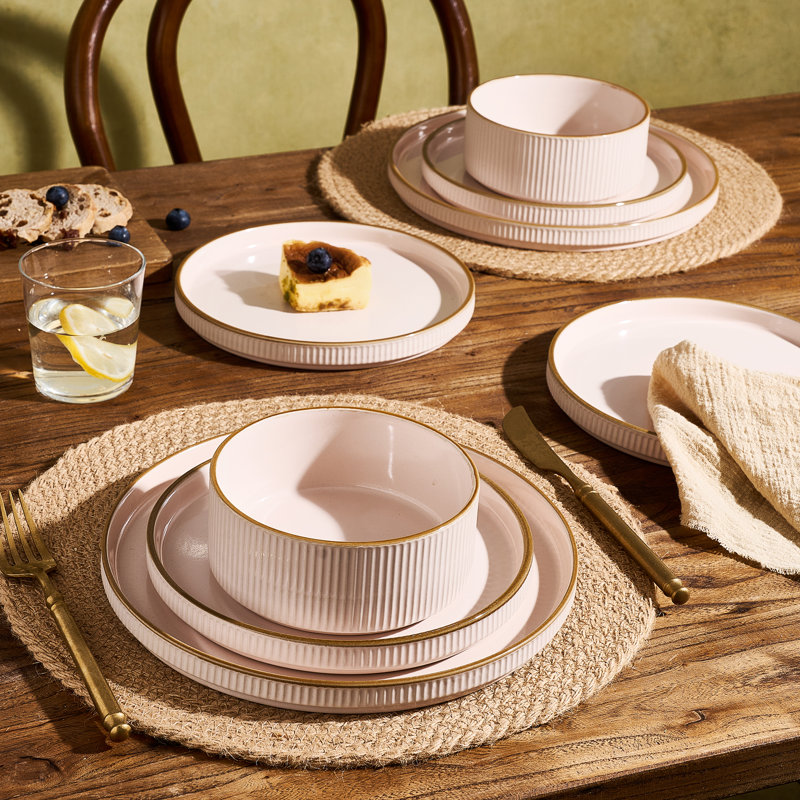 Ensemble de vaisselle 12 pièces Star Stoneware, rose clair et bordure brune, Rose clair