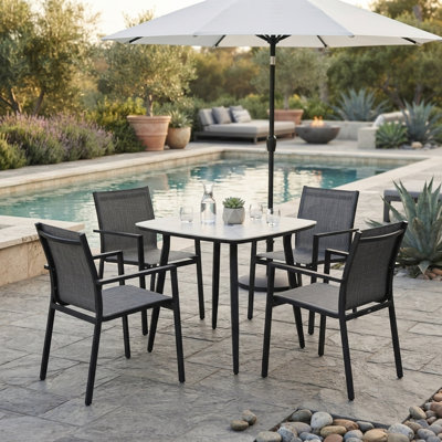 Modern 35.4" Square Outdoor Bar Table, Sintered Stone Top with Umbrella Hole & Rust-Free Aluminum Frame, Weatherproof Bistro Bar-Height Table for Patio and Garden