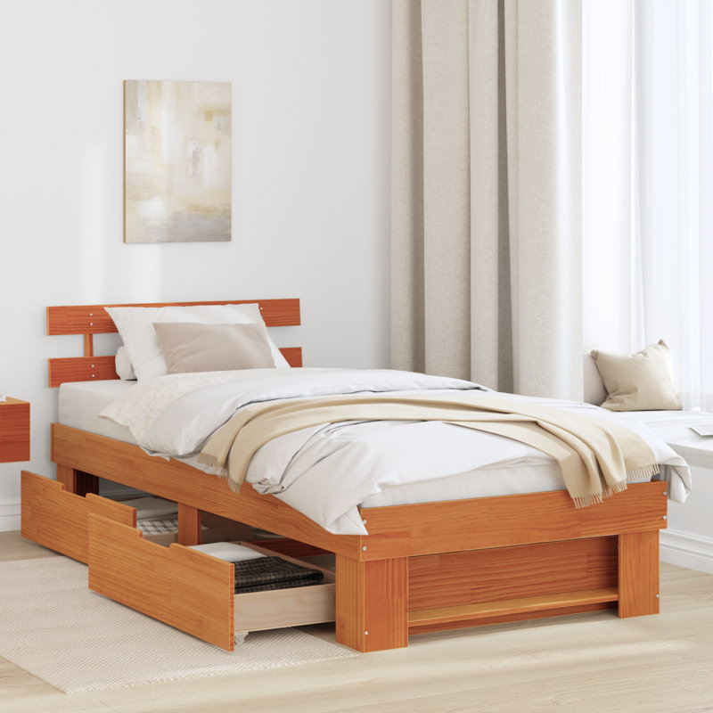  With Drawer With Headboard With Storage Solid Pine Wood, European Single (90 x 200 cm), Wax Brown
