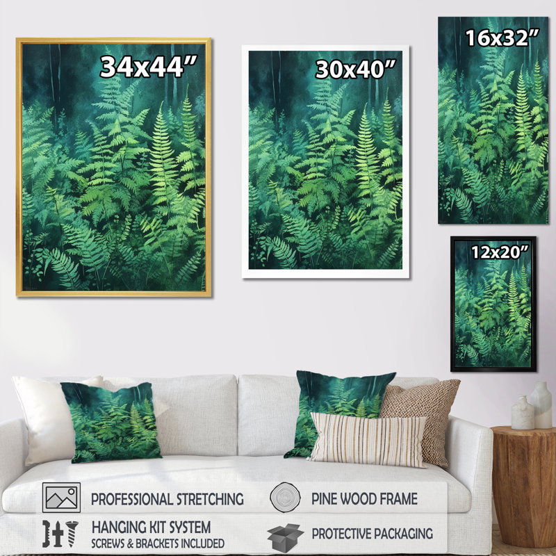 Fougère verte III sur toile, H 20 po x l 12 po x P 1 po, Cadre photo blanc
