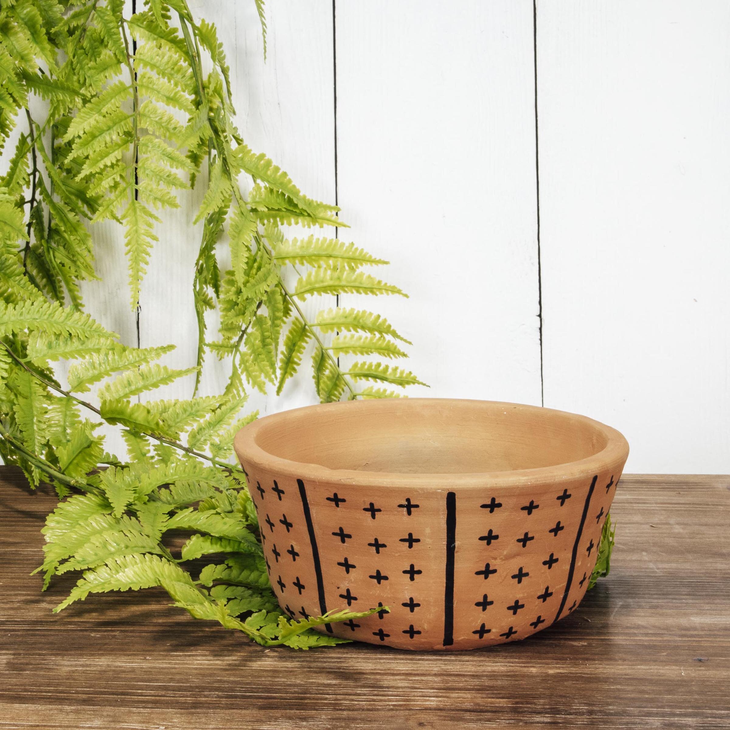 Foreside Home & Garden Natural Handthrown Oval Terracotta Planter with Handpainted Block Pattern