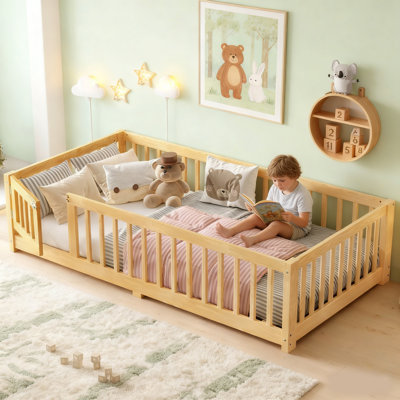 Twin Size Kids Floor Bed with Safety Guardrails & Door, Wood Grain Natural