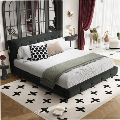 King Size Bed Frame,Tufted Headboard With Extra-Large Soft Cloud Pillow Design,Chenille Platform Bed With Metal And Wooden Slats Double Support,Solid And Stable,Noise-Free,Black