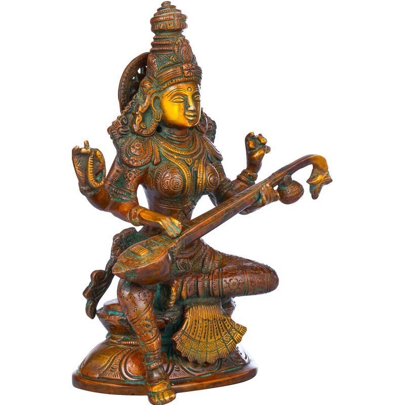 Figurine déesse Saraswati assise sur un lotus, Or rouge