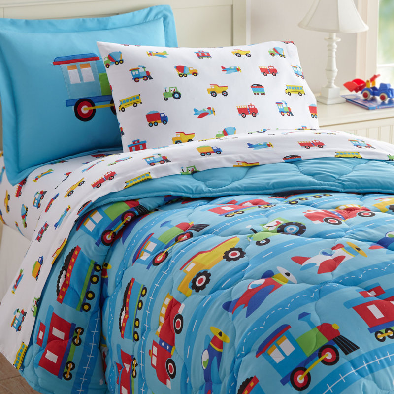 Wildkin Twin Sheet Set – Soft Microfiber, Fitted & Top Sheet, Pillowcase - Trains, Planes, and Trucks