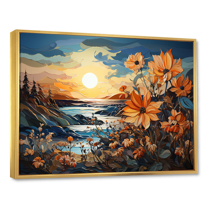 Tournesols, art liquide, champ de fleurs sur toile, Cadre flottant doré, H 12 po x l 20 po x P 1 po