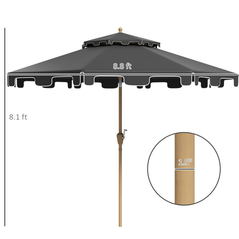 Parasol de patio 9 pi avec 8 nervures, double plateau gris foncé à volants, inclinaison à bouton-poussoir et manivelle pour terrasse de jardin, manivelle, équerre réglable