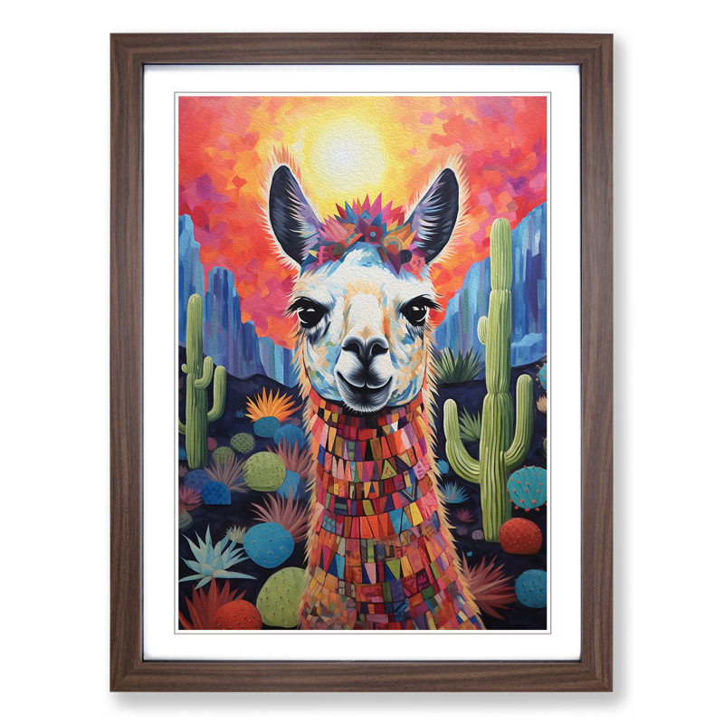 XYZ-FRM-V1223-4306 Llama Symbolism - Single Picture Frame Print on Wood, 46cm H x 34cm W x 2cm D, Walnut