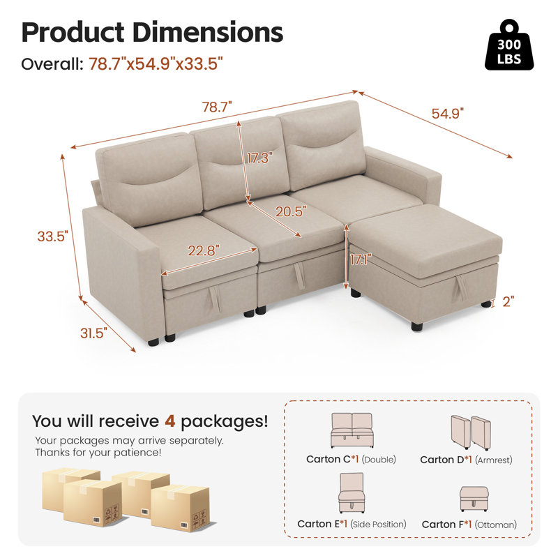 Canapé d'angle modulaire de 78,7 pouces avec rangement, canapé en L 4 places en similicuir avec compartiments cachés