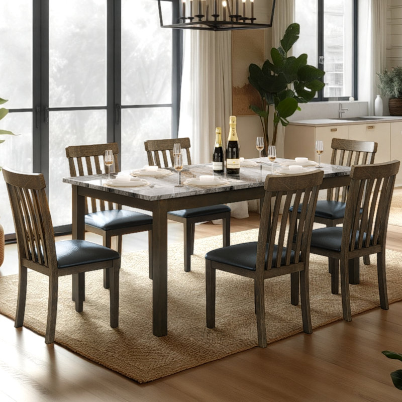 Deral 7 - Piece Traditional Solid Wood Dining Set with PU Leather Chair and Marble Table