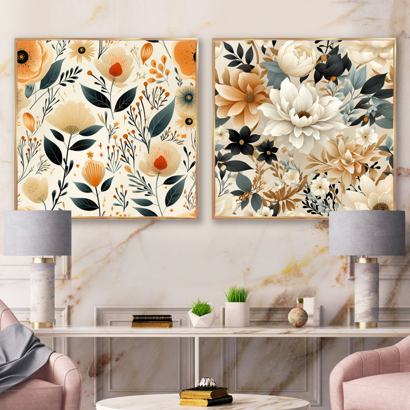 Maelle - Ensemble de 2 collages floraux carrés, Cadre flottant doré, H 30 po x l 61 po