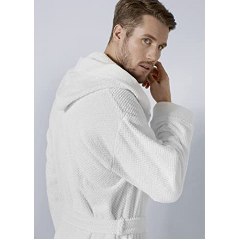 Peignoir turc en coton pour hommes, peignoir kimono en ratine, texturé long, garniture de tissage de riz - capuche, Blanc