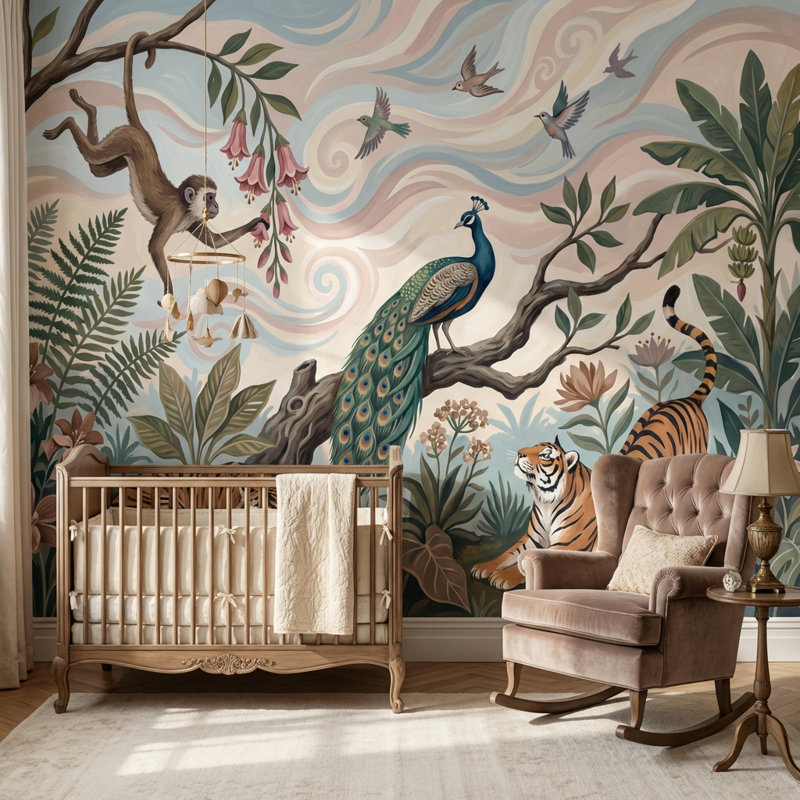 Papier peint jungle animaux exotiques, Non tissé non collé, 140" x 108"