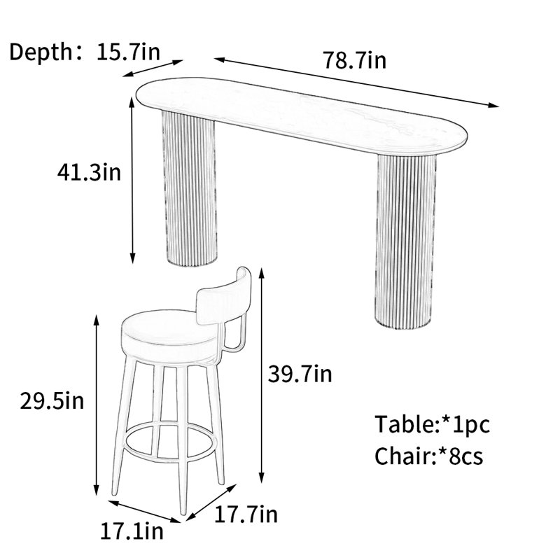 Éclairage pour la salle à manger, 9 Pieces: Table, 8 Chairs, 41.3"H x 78.7"L x 15.7"W