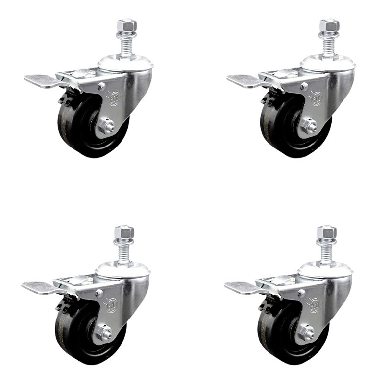 Ensemble de roulettes à tige filetée pivotante 3,5 po ½ po avec frein Total Lock