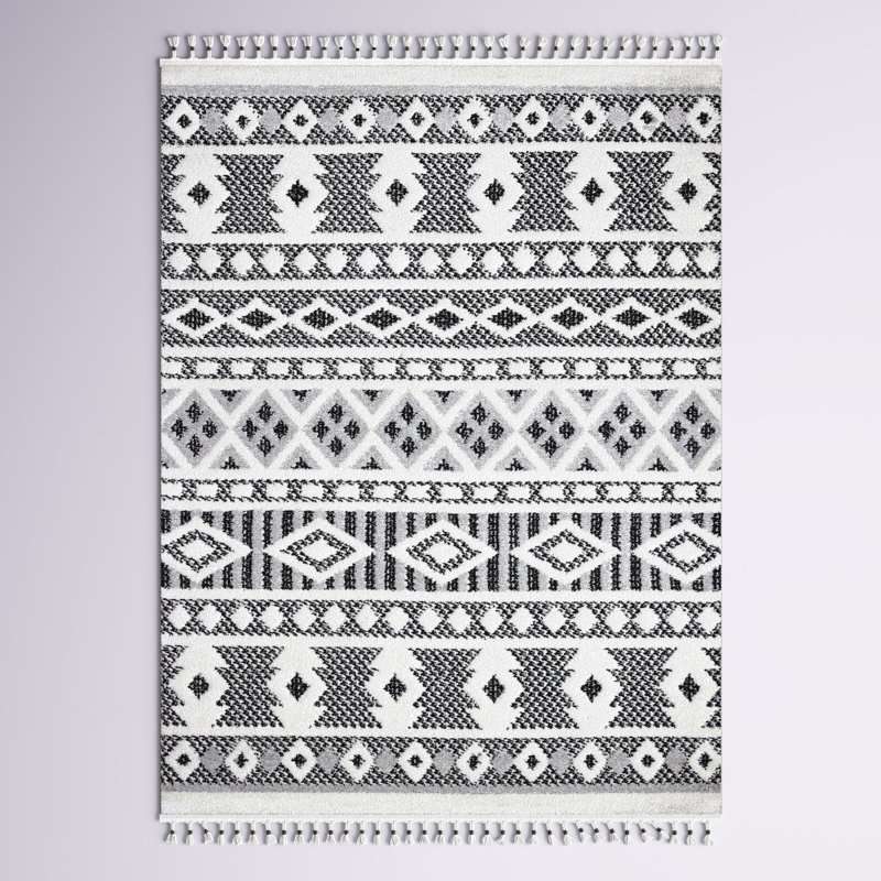 Tapis géométrique ivoire / noir, Rectangle 7 pi 6 po x 9 pi 6 po