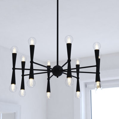 Drake 16-Light 29 in. Wide Matte Black Mid-Century Modern Chandelier, LED Compatible, Adjustable Height Hanging Ceiling Pendant Fixture for Dining Table, Kitchen, Entryway, Bedroom, Island, Foyer